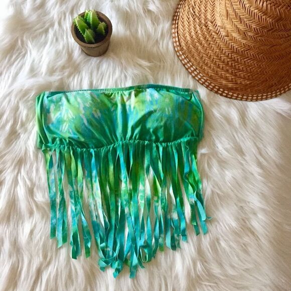Lucky Brand M Summer Time Tie Dye Fringe Bandeau Bikini Top Swimsuit Green Boho - Picture 3 of 10